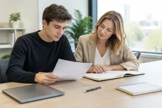 Un jeune alternant et sa tutrice relisent un contrat et un carnet de formation dans un bureau lumineux.