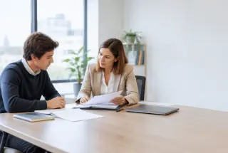 Un jeune alternant et une responsable examinent ensemble un dossier professionnel dans un bureau lumineux.